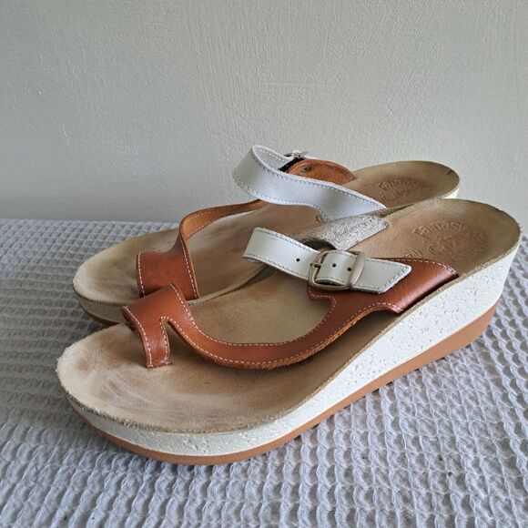 Fantasy Sandals Felisa Wedge Toe Womens EU 40 9 9.5 Leather Brown White Thong - Picture 4 of 12